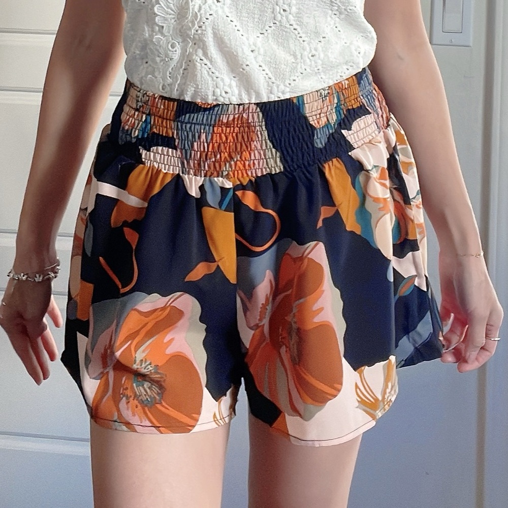 018 Boho Floral Tropical Print Shirred Stretchy Waist Shorts